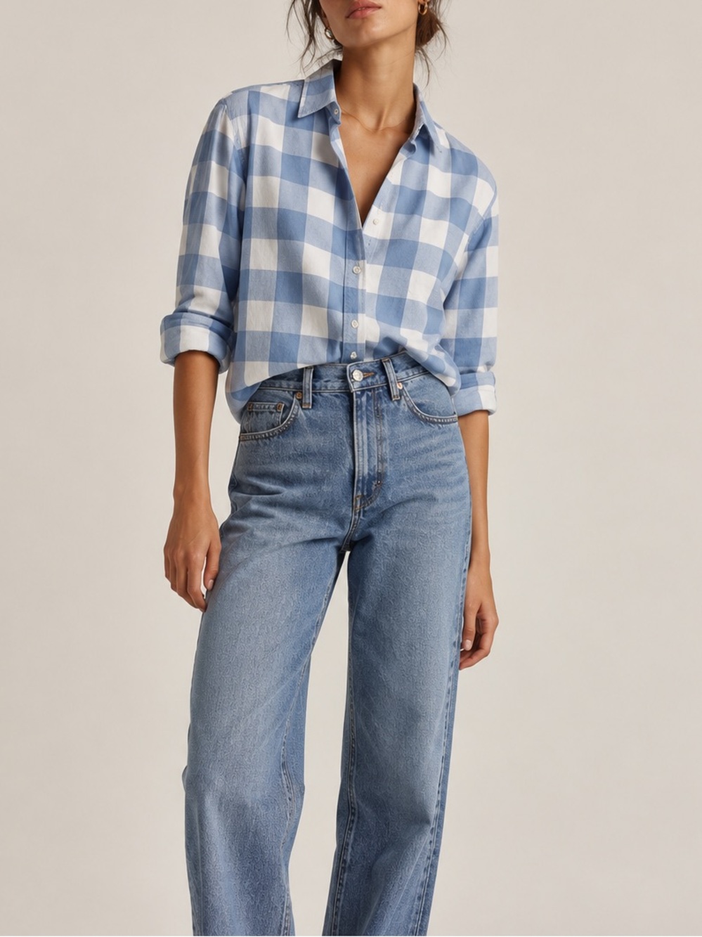 Norma Kamali blue and white gingham long sleeve button down shirt